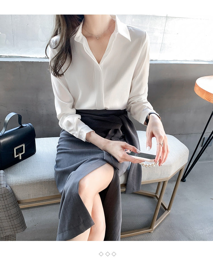 Weißes langärmeliges Damenhemd aus Satin mit schmaler Passform – elegante Bluse für Büro und Fest 6