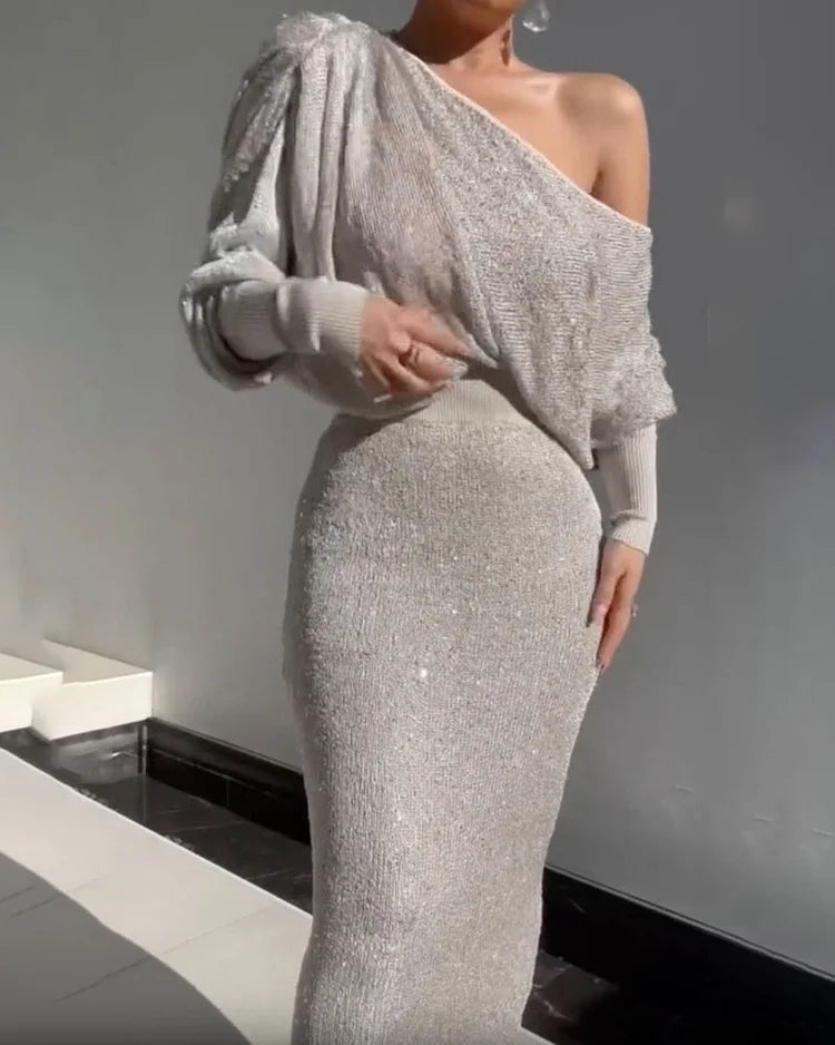 Damen-Kleid, offen, Schulter, mit glitzernde Details, Polyester, für Fest und Hochzeit 3