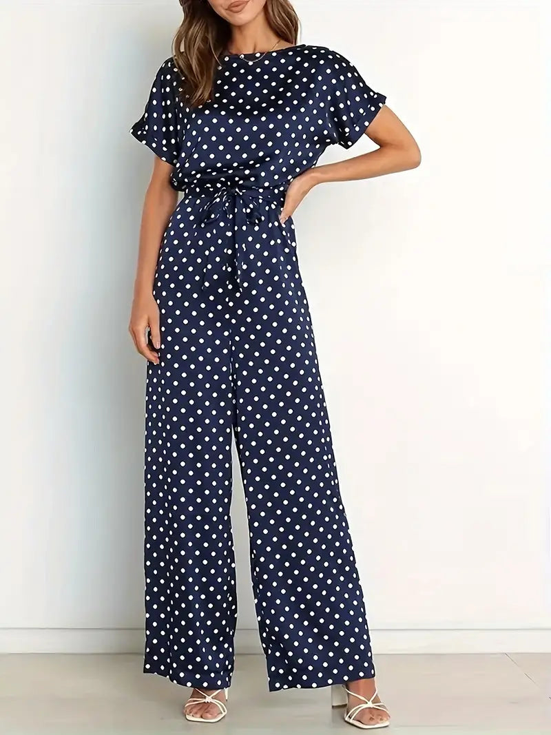 Damen-Jumpsuit Gepunktet Marineblau V-Ausschnitt Leichter Stoff-4