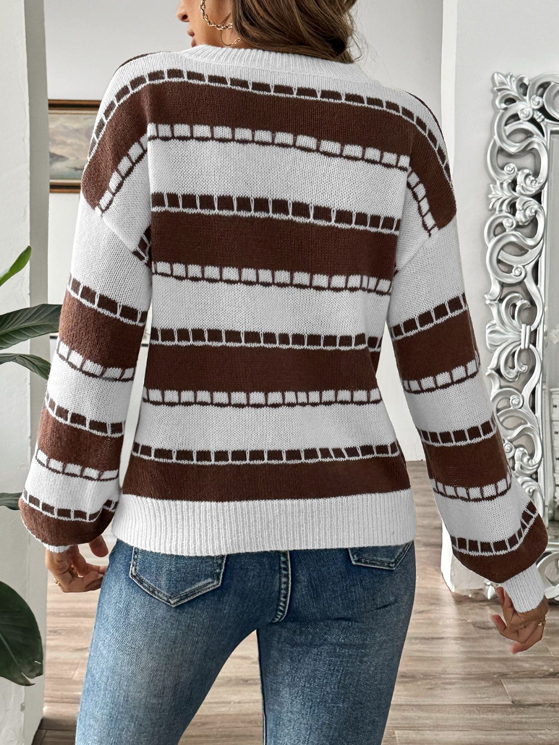 Damen-gestreifter Pullover, runder Hals, weiche Mischung-2