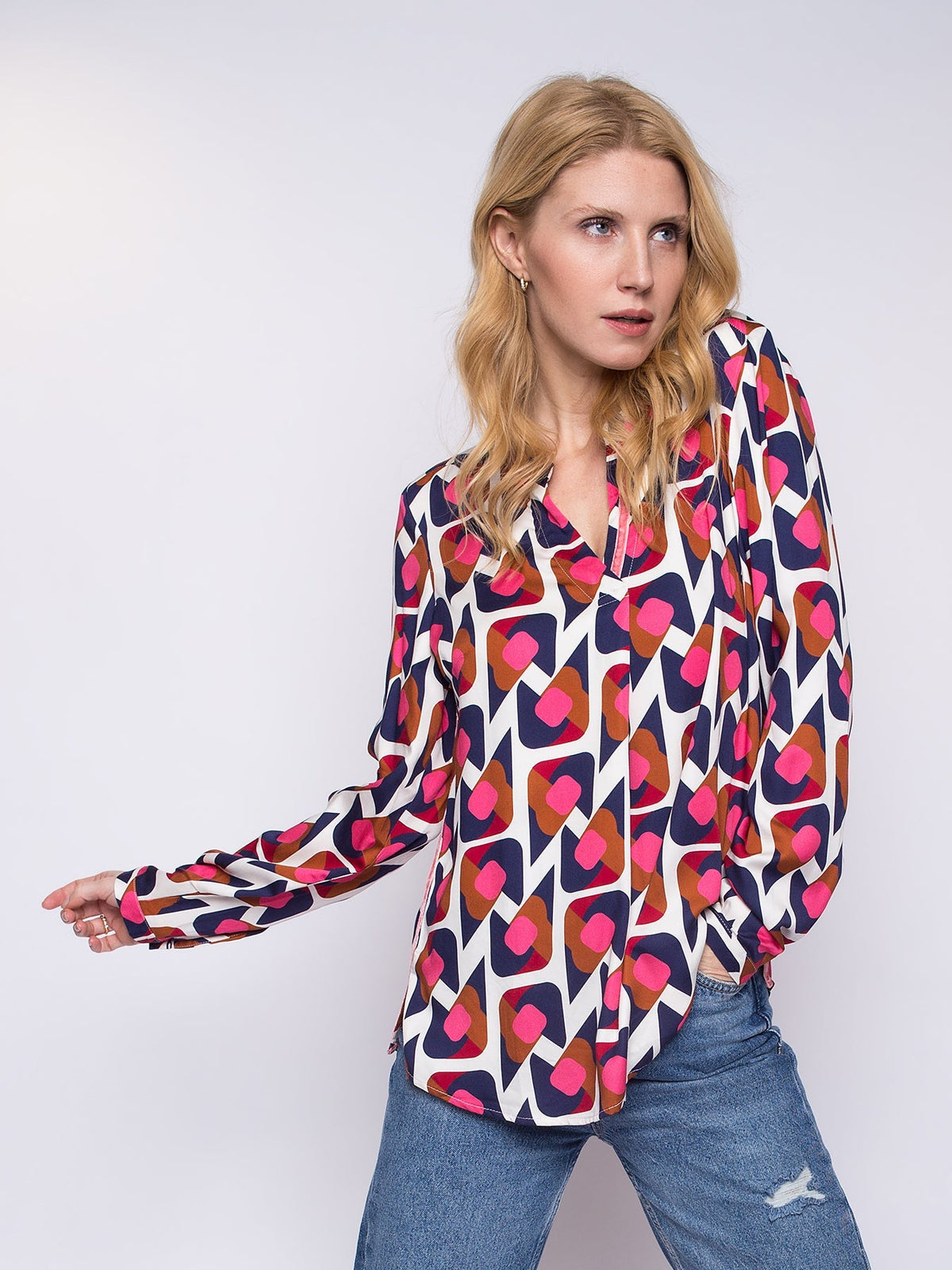 Damen-Retro-Bluse mit V-Ausschnitt, langärmelig, 100 % Polyester-1
