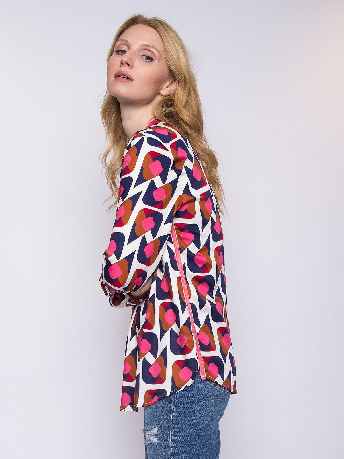 Damen-Retro-Bluse mit V-Ausschnitt, langärmelig, aus 100 % Polyester-2