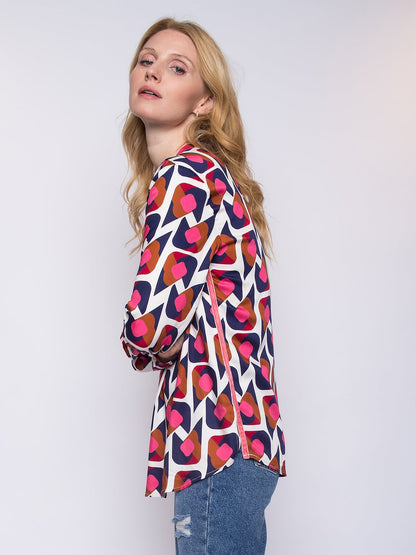 Damen-Retro-Bluse mit V-Ausschnitt, langärmelig, aus 100 % Polyester-2