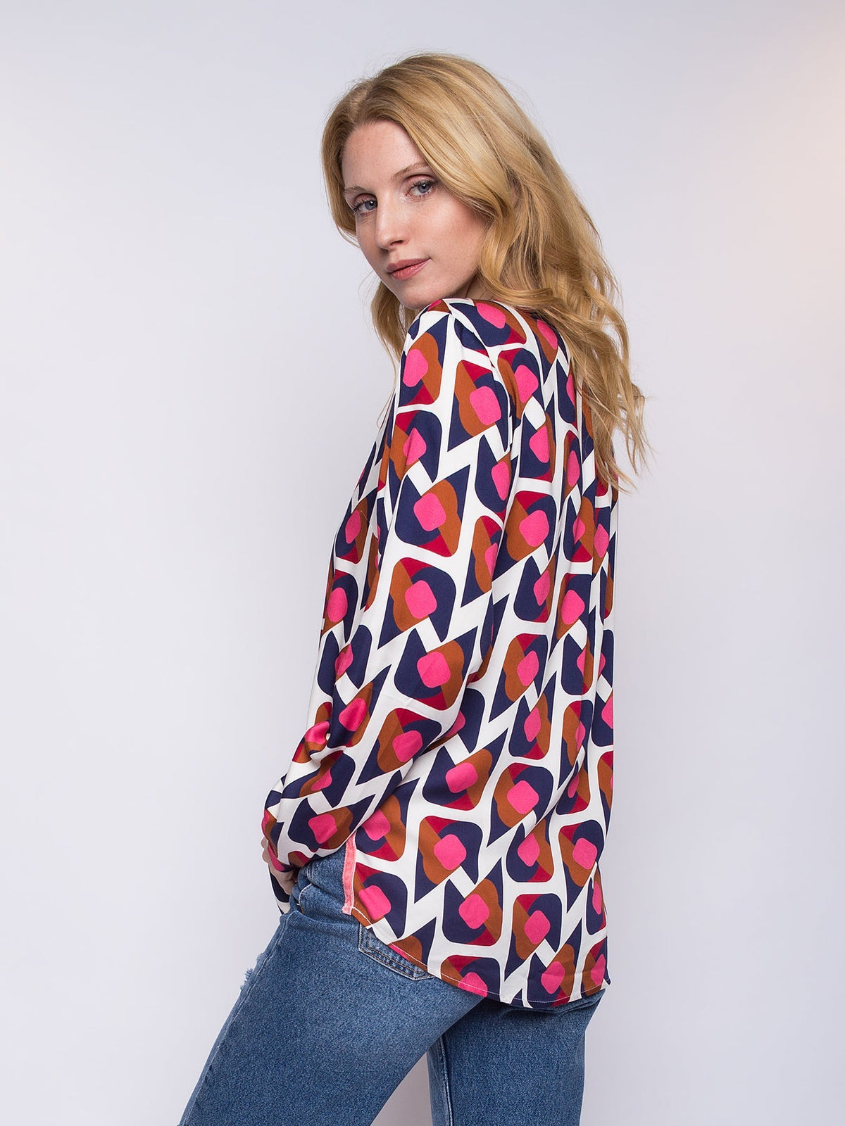 Damen-Retro-Bluse mit V-Ausschnitt, langärmelig, aus 100 % Polyester-3