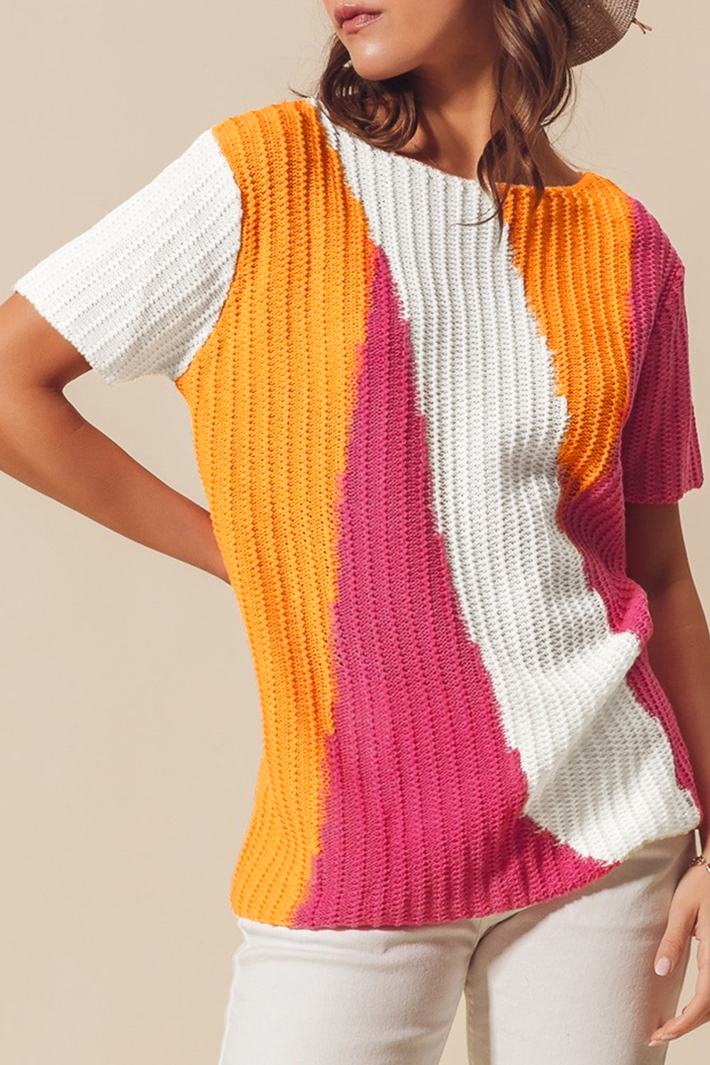 Damen-Strickpullover mit Farbblock und kurzen Ärmeln, 100 % Acryl-1