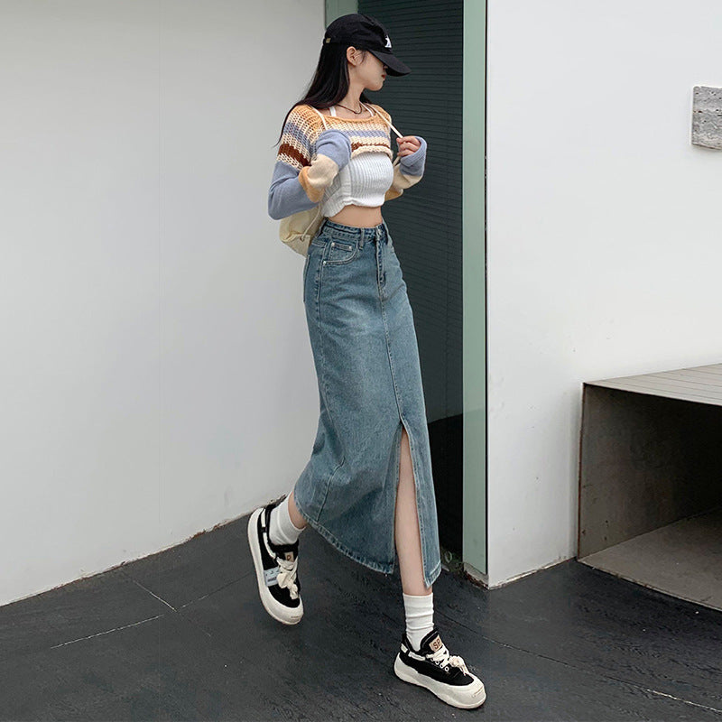 Damen-Rock, hohe Taille, Retro, Denim, Midi-6