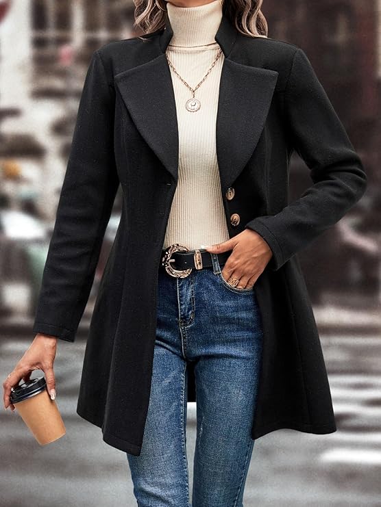 Damen-Blazerjacke, langes schlichtes Polyester, Elasthan-3