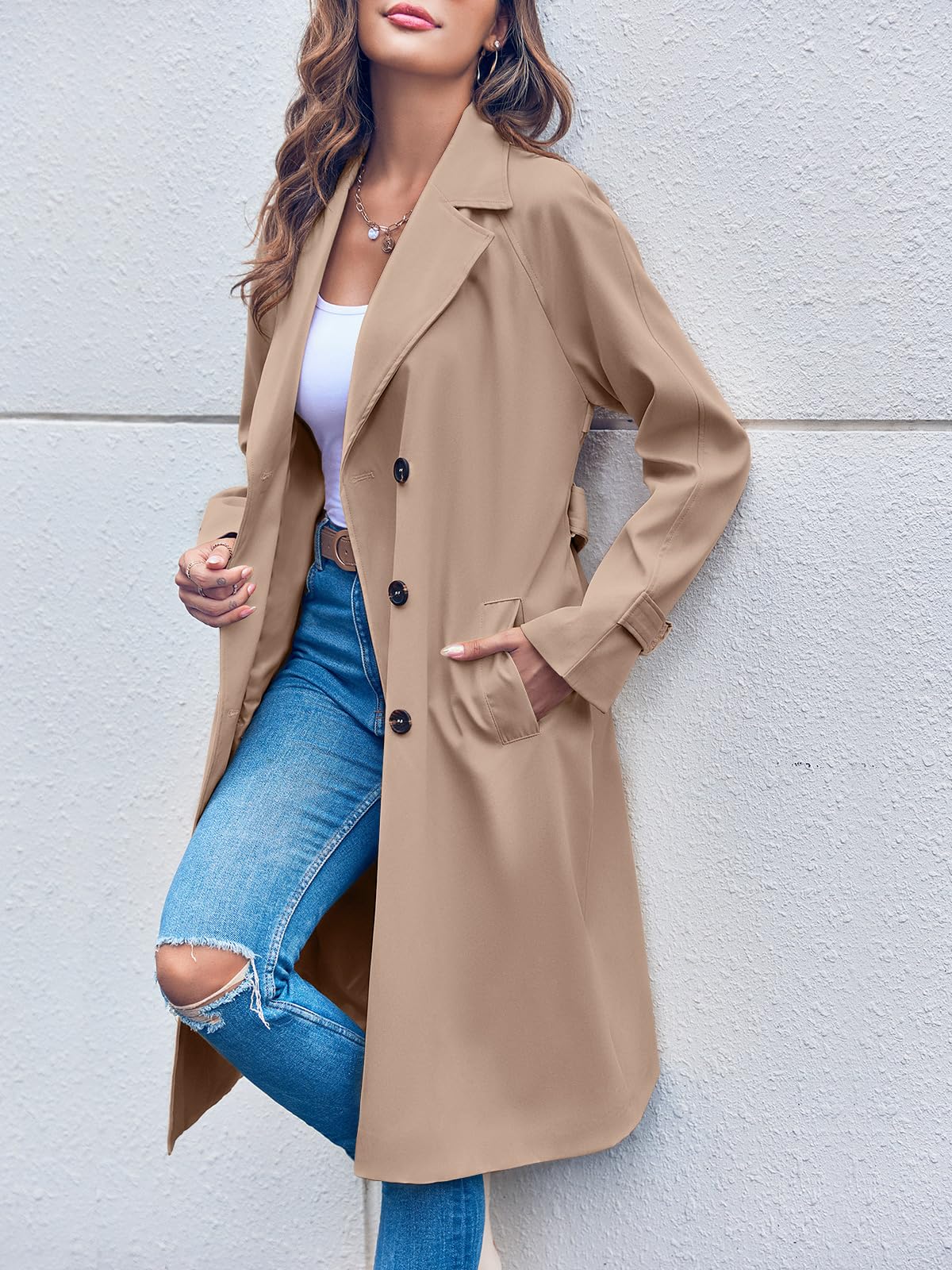 Damen-Trenchcoat, doppelreihige Knopfleiste mit Gürtel, Polyester-3