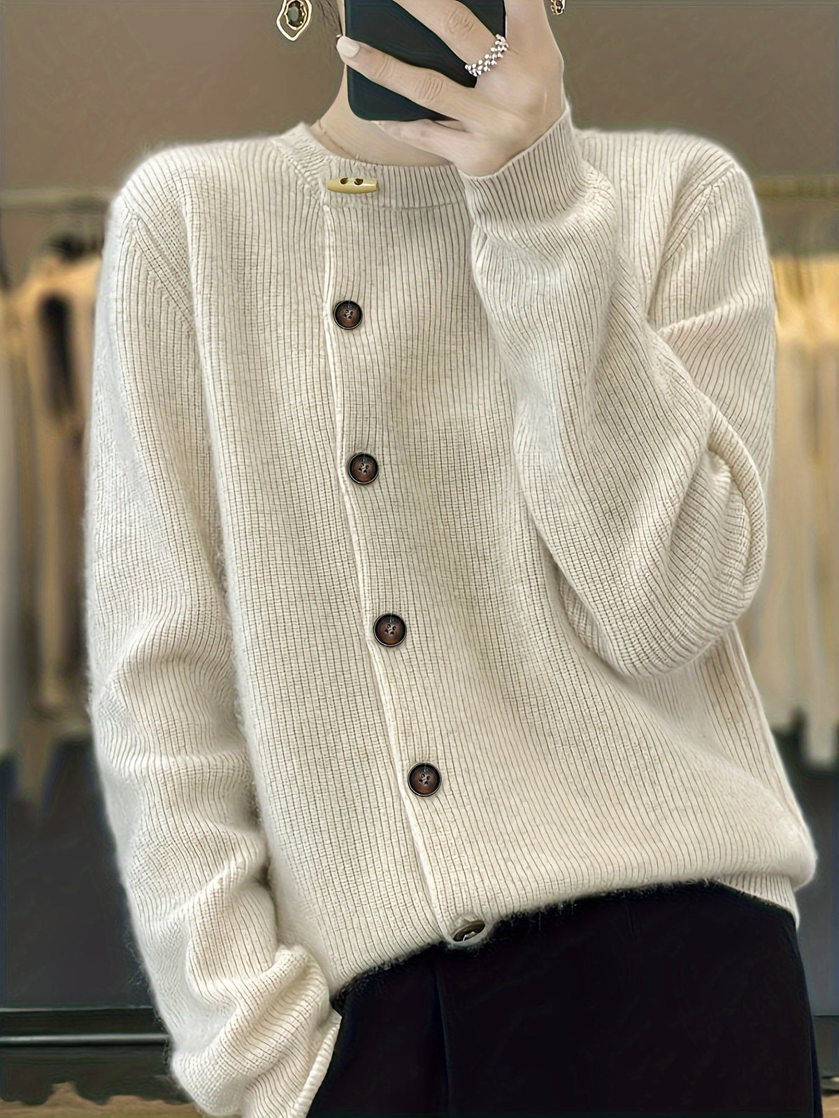 Damen-Strickjacke, klassisch, Knopfdesign, Rippstrick, Material-1