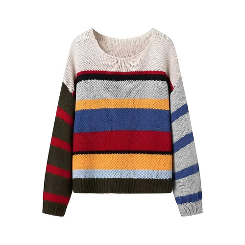 Bunter gestrickter Damenpullover mit langen Ärmeln aus weicher Baumwollmischung – Lockere Passform für kalte Tage 1
