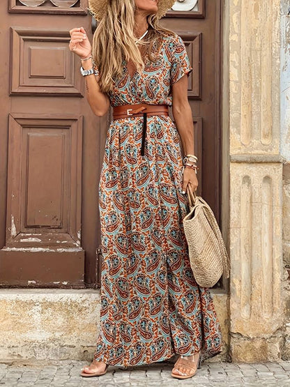 Damen-Maxikleid, geblümte kurze Ärmel, weicher Stoff, für Sommer 1