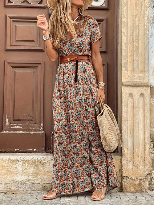 Damen-Maxikleid, geblümte kurze Ärmel, weicher Stoff, für Sommer 1