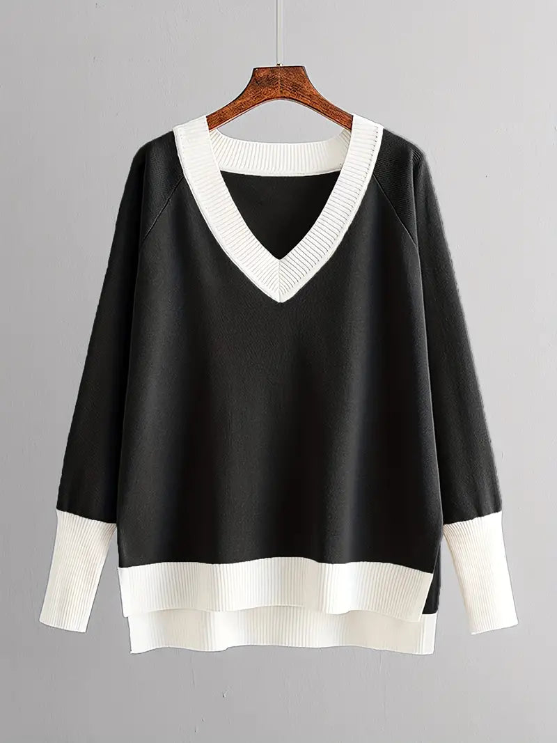 Damen-Set mit langärmeligem Pullover und Hose, V-Ausschnitt, weiches Polyester-4