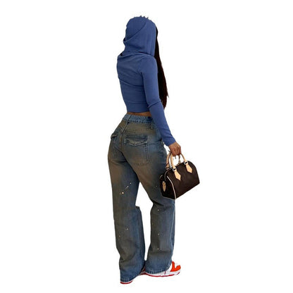 Damen-Jeans High Waist Loose Fit Gerades Bein Baumwolle 4