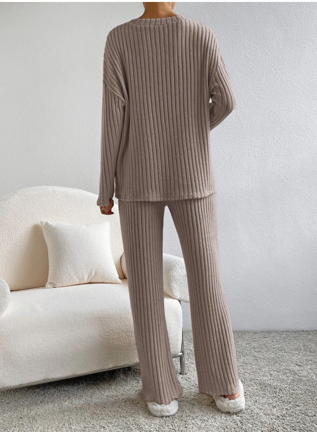 Damen-Lounge-Set, gerippter V-Ausschnitt, Pullover, und lockerer Hose, atmungsaktives Material-4