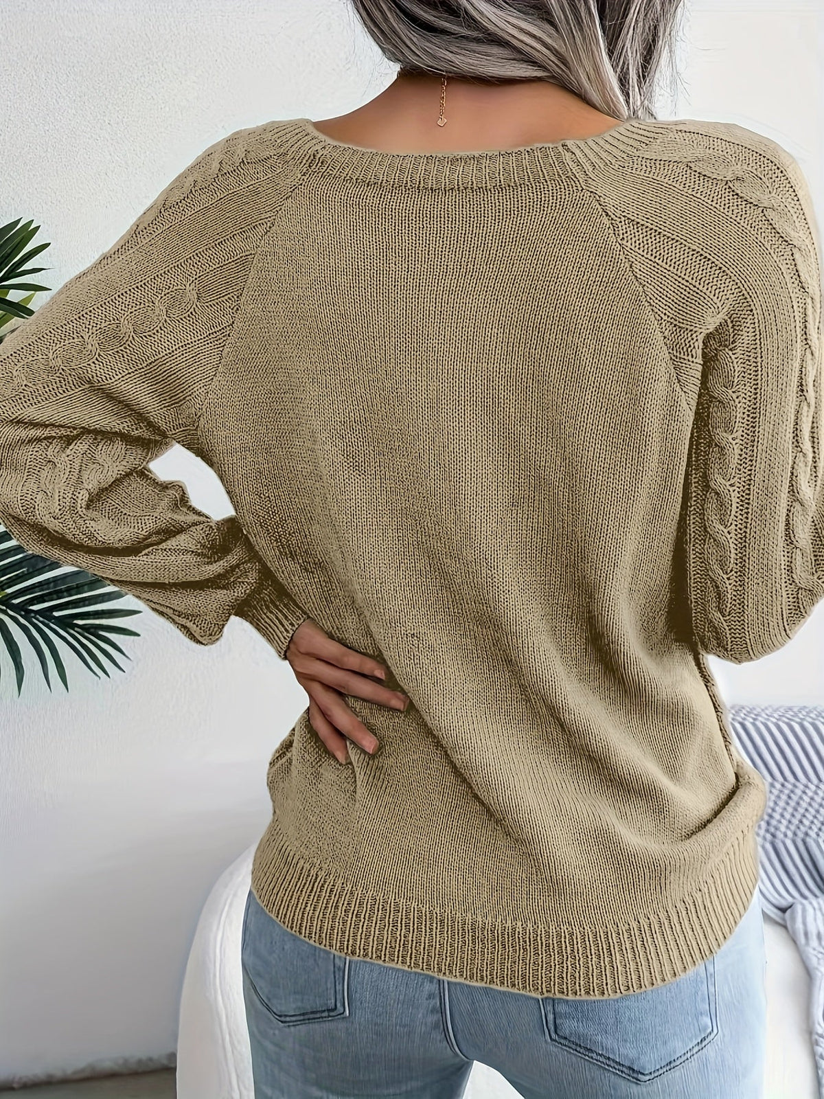 Damen-Strickpullover, runder Ausschnitt, Zopfstrick, weiche Acrylmischung-6