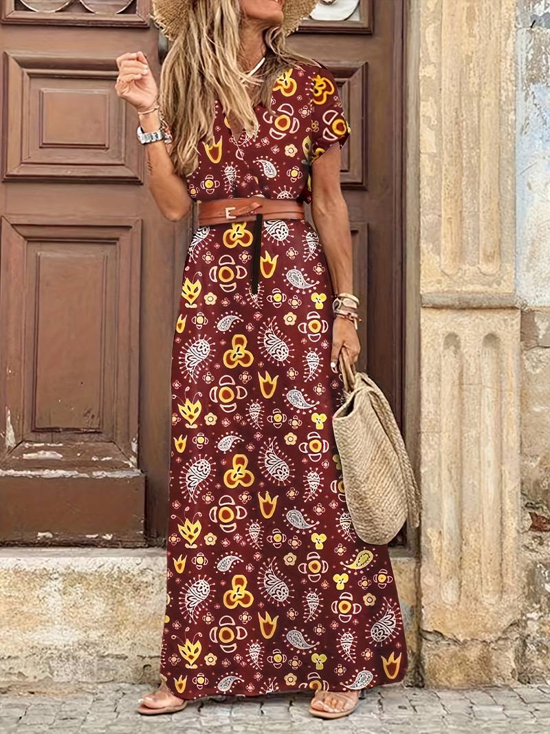 Damen-Maxikleid, geblümte kurze Ärmel, weicher Stoff, für Sommer 5