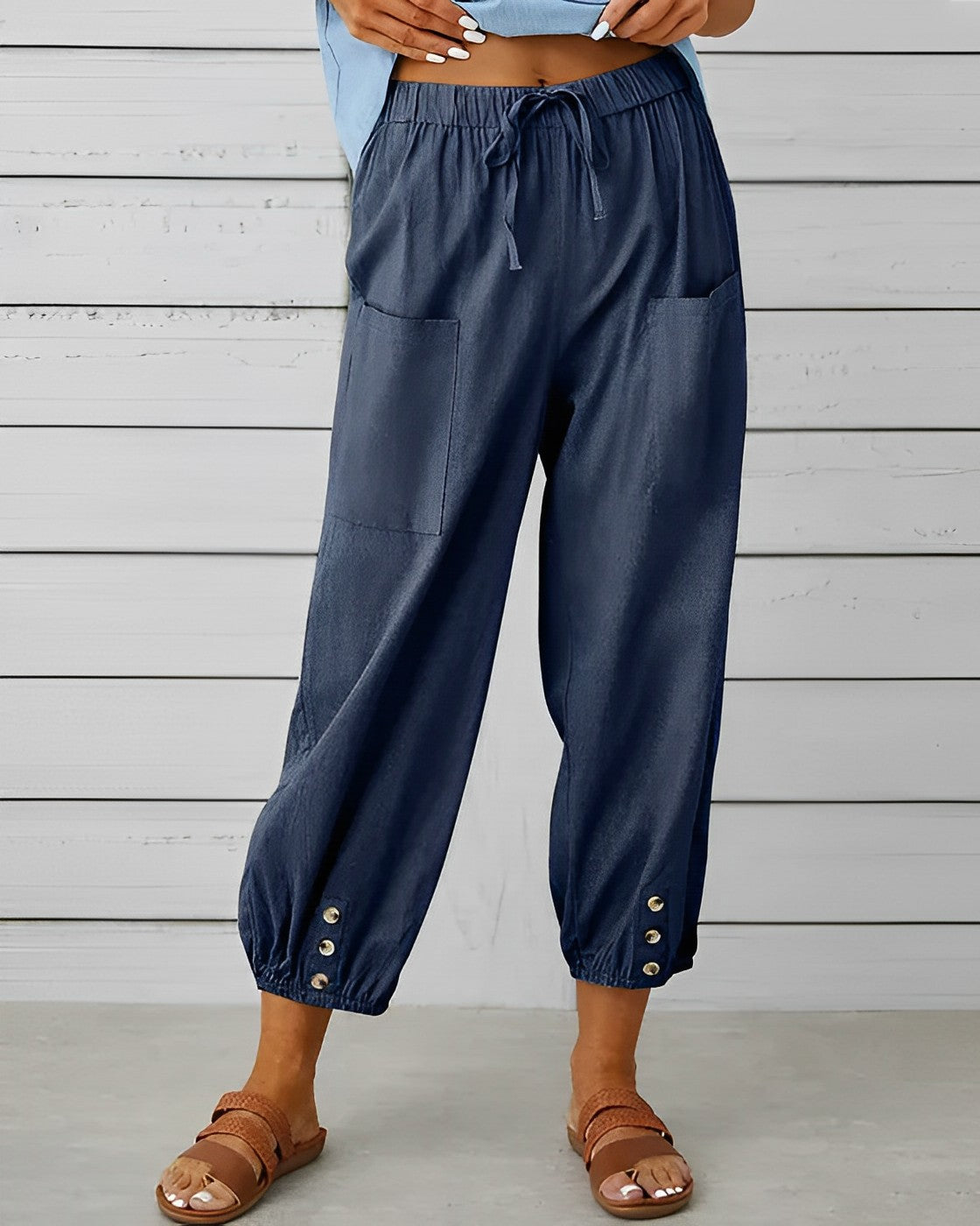 Damen-Leinenhose, 7/8-Länge, Hoche Taille, mit Taschen-1