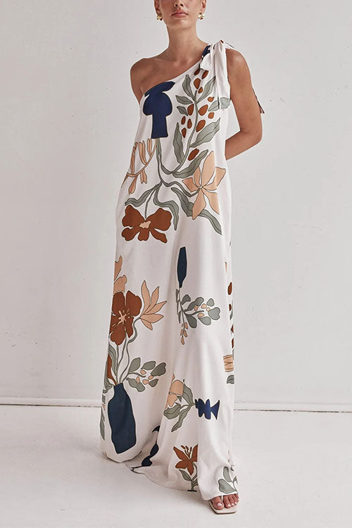 Damen-Maxikleid, Asymmetrische Blumenmuste Baumwolle, Polyester, Sommer-3