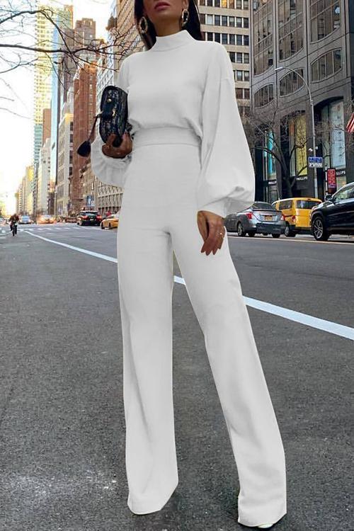 Damen-Overall, Mockneck, Ballonärmel, Baumwolle, Polyester-1