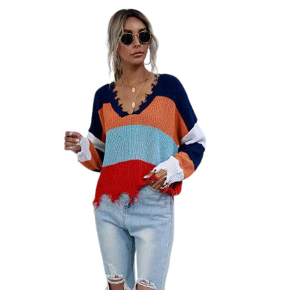 Damen-Strickpullover, V-Ausschnitt mit gestreiftem Muster und ausgefranstem Saum-2