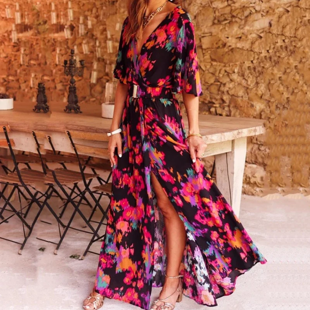 Damen-Maxikleid, Wickel-Design, leichter Stoff-1