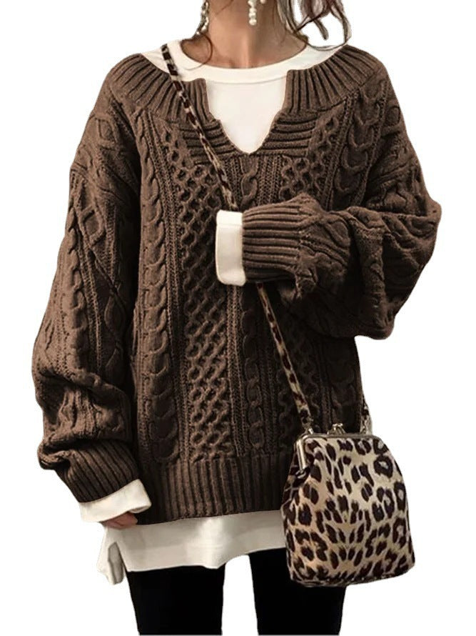 Damen-Strickpullover, oversized V-Ausschnitt, Zopfmuster, weiche Acrylmischung-2