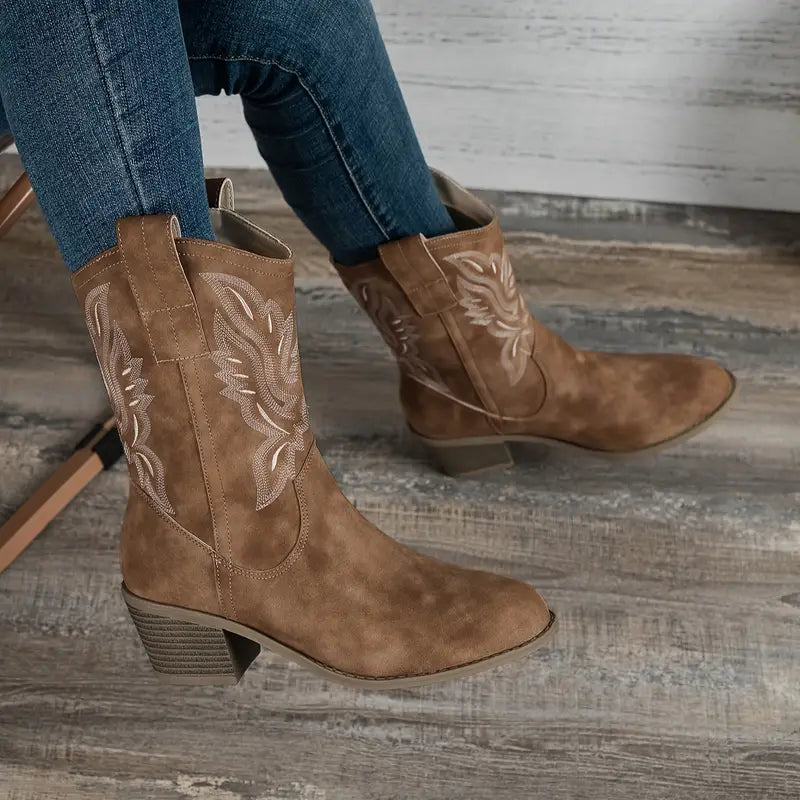 Damen-Stiefel, Retro-Stil, dicker Absatz, synthetisches Leder 6