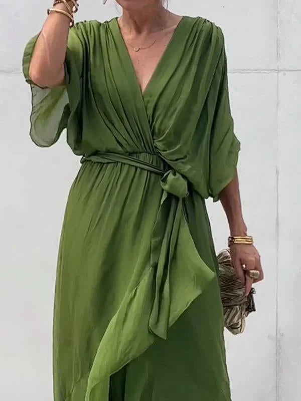 Damen-Chiffonkleid, V-Ausschnitt, fließender Stil-3
