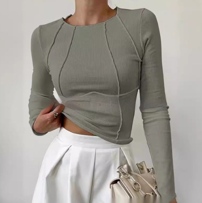 Damen-T-Shirt, langärmelig, geteilt, Design, weich, elastisch, blendend-1