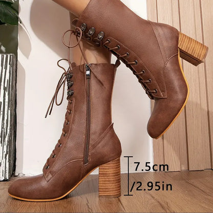 Damen-Lederstiefel, dicker Absatz, Spitzendesign, Samtfutter-2