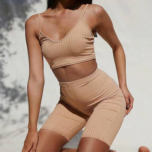 Damen-Mini-Set, V-Ausschnitt, elastisches Elasthan-Polyester-1