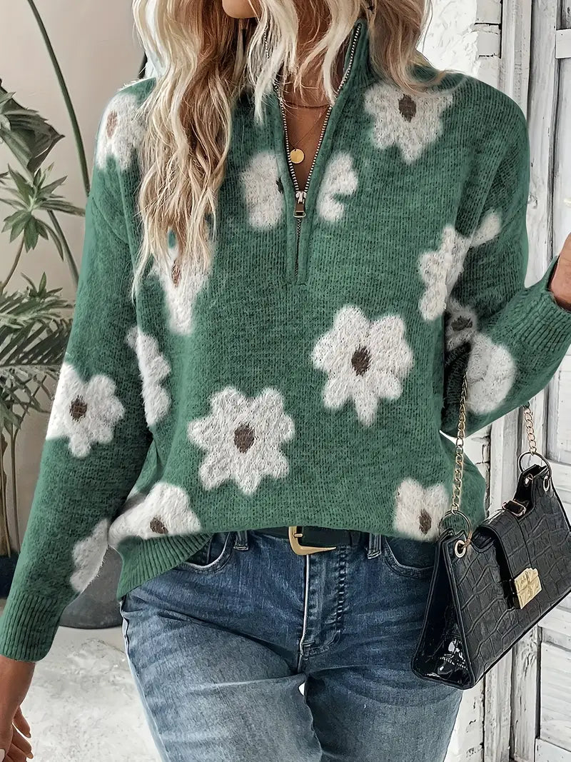 Damen-Rollkragenpullover, mit Reißverschluss, geblümtes Muster, weicher Stoff-2