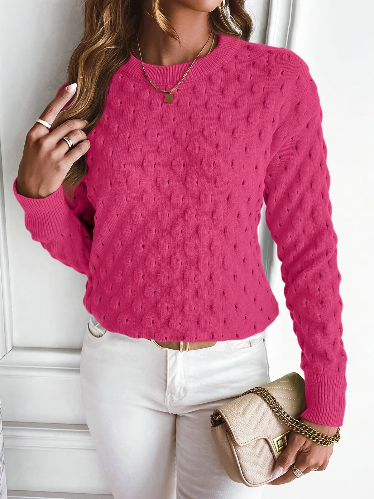Damenpullover mit monochromem Punktmuster aus nachhaltigem Strickstoff – entspannte Passform für kalte Tage 10