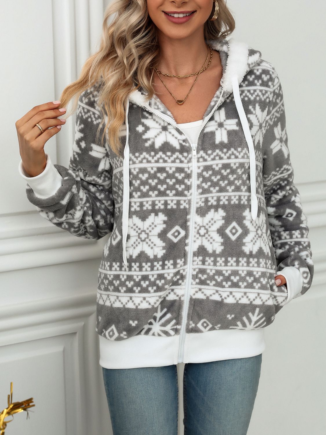 Damen-Hoodie, grau, mit Schneeflocken-Design, aus leicht wärmendem Stoff-4