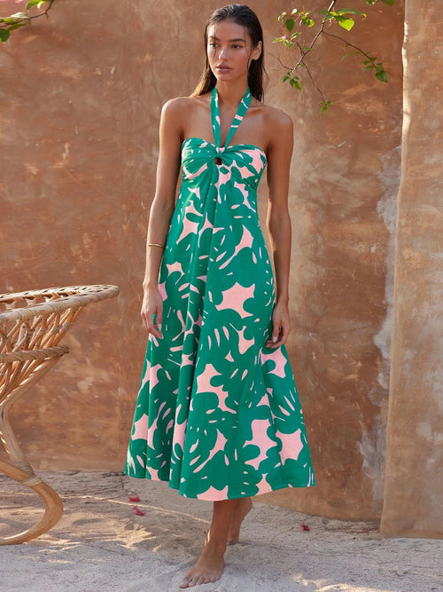 Damen-geblümtes Neckholder-Kleid, leichtes Material, fließende Silhouette-1