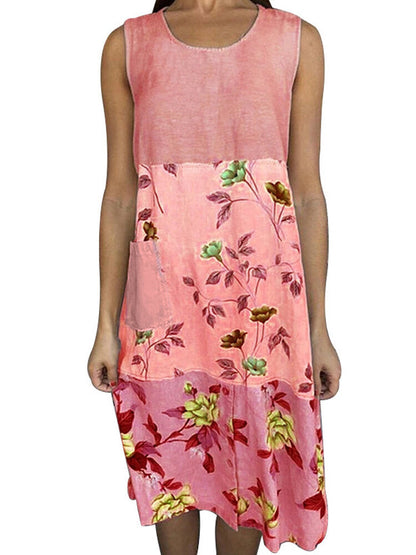 Damen-Midi-Kleid, Blumenmuster, runder Ausschnitt, weiche Baumwolle-1