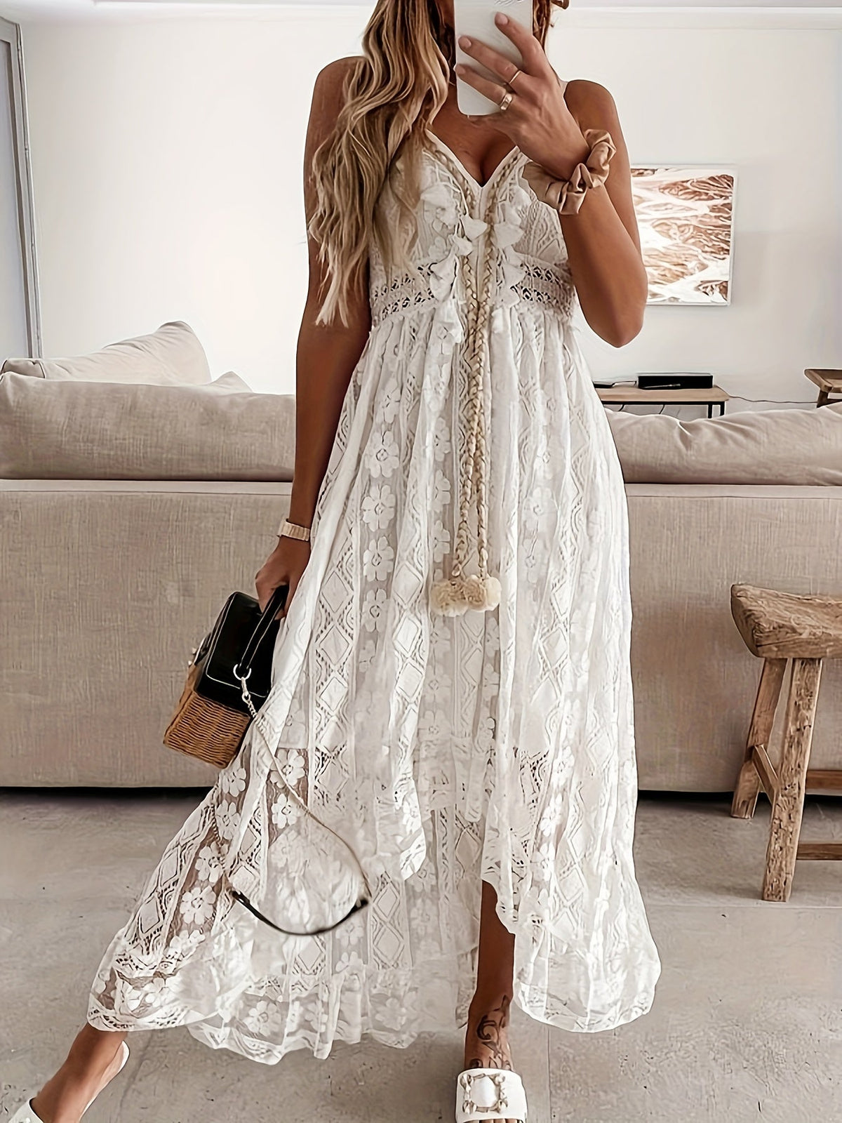 Damen-Maxikleid, V-Ausschnitt, weicher Stoff, Quastenverzierung-5