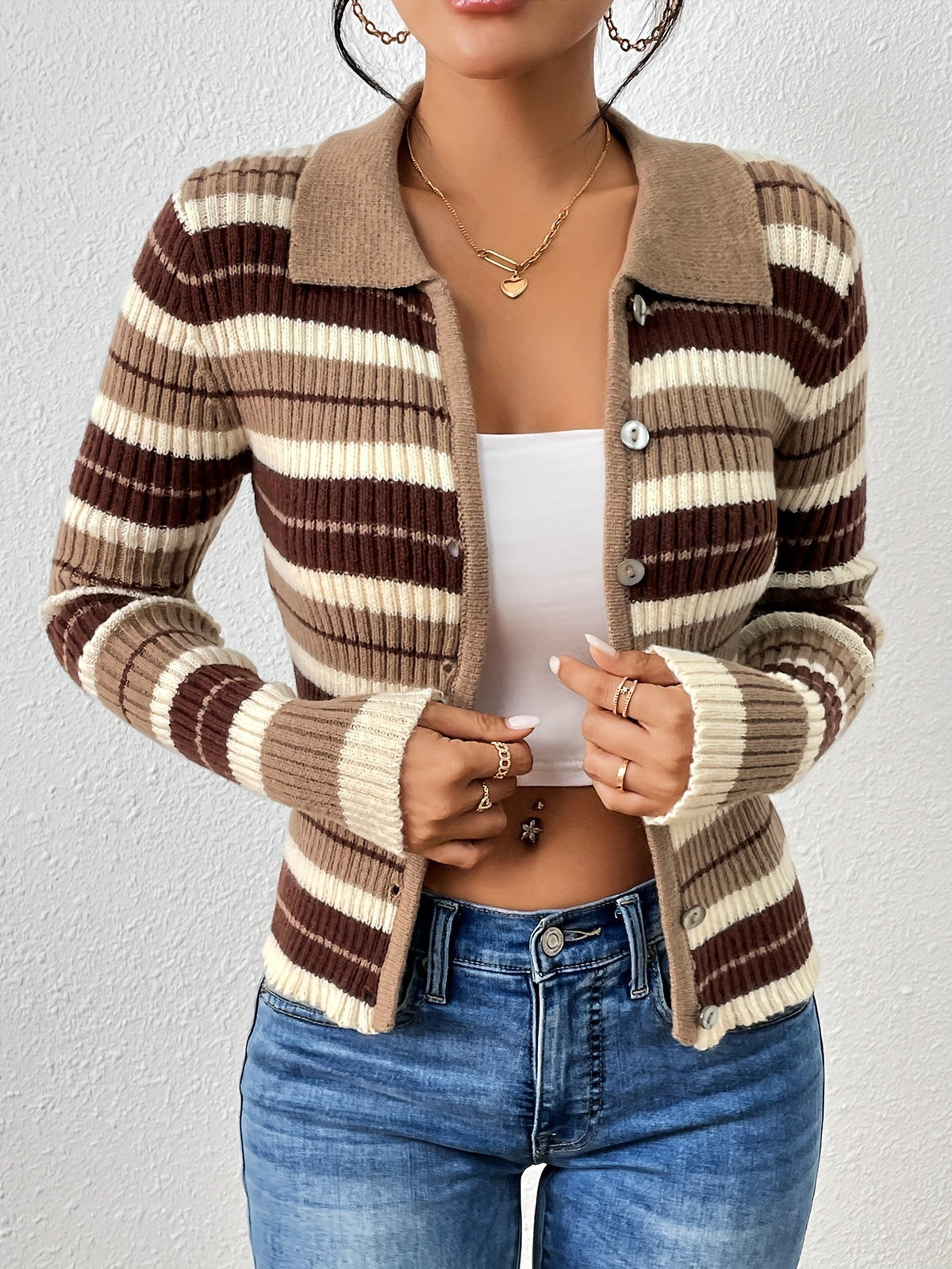 Damen-Strickjacke, gestreift, weich, gestricktes Material-2
