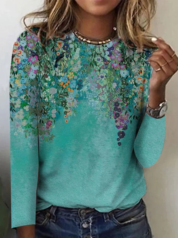 Langarm-T-Shirt für Damen mit Blumenmuster, 100 % Baumwolle-1