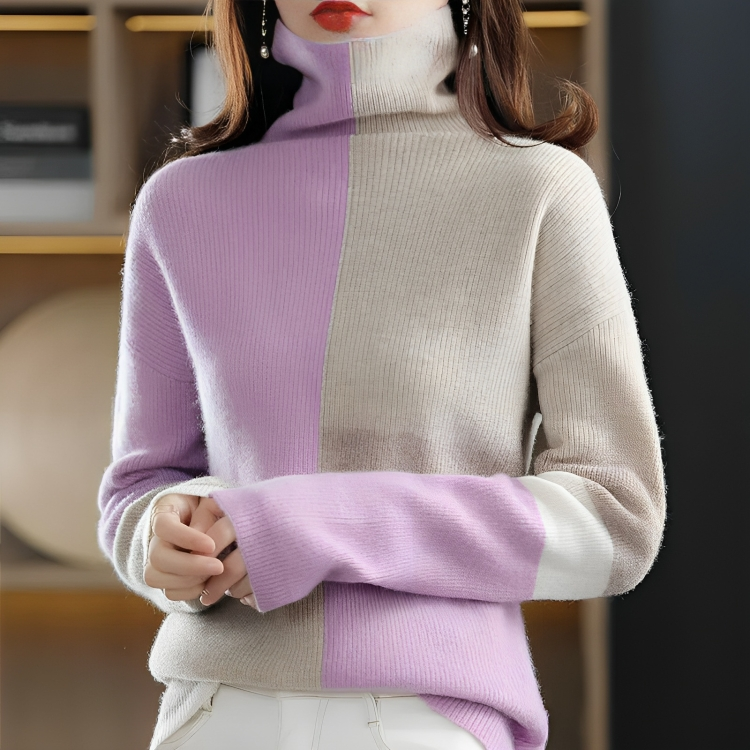 Damen-Pullover, Casual, Stehkragen, weiche Faser, Kontrastdesign-3