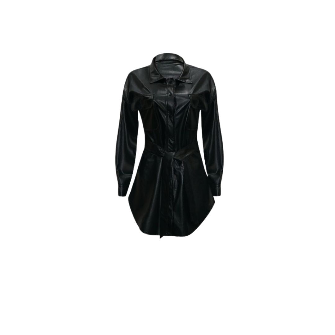 Damen Hemdblusenkleid Synthetikleder mit Gürtel Elegantes Design-3