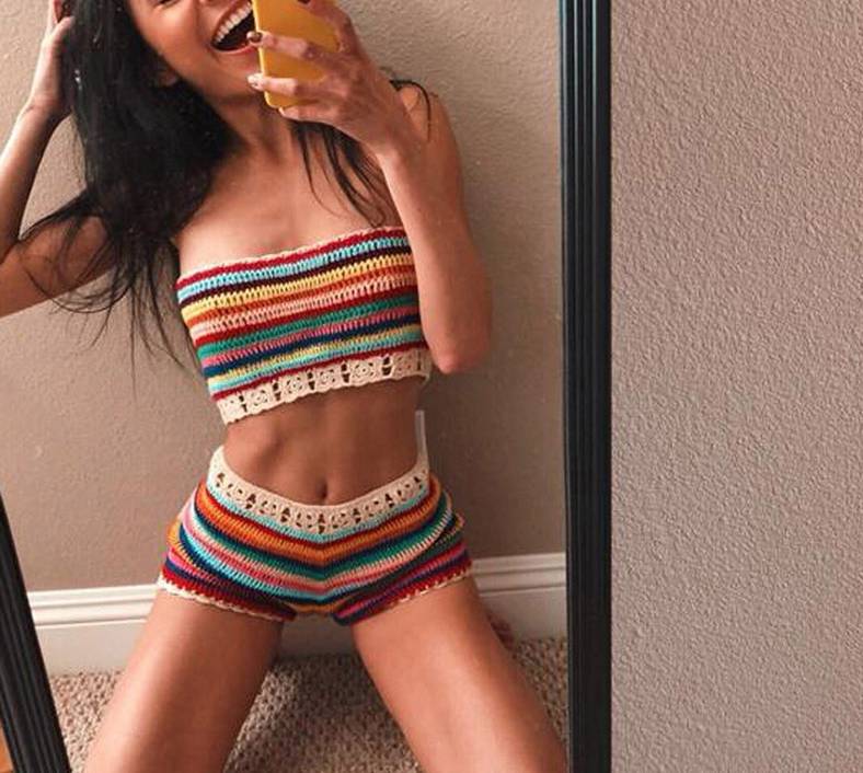 Gestreifter Bandeau-Bikini für Damen mit elastischem Bund – Bademode aus Baumwolle und Polyester, Einheitsgröße 5
