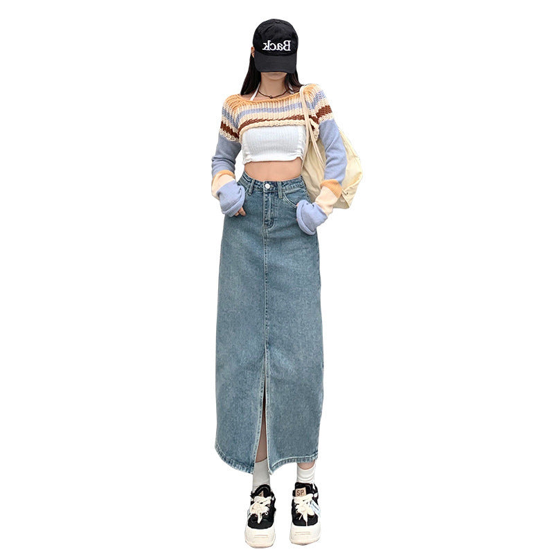 Damen-Rock, hohe Taille, Retro, Denim, Midi-5