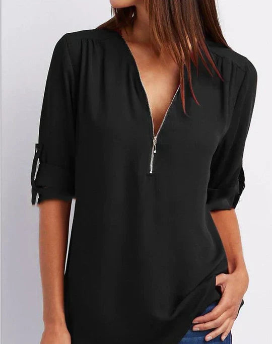 Damenbluse mit halbem Reißverschluss aus 100 % Baumwolle, klassischer Stil-2