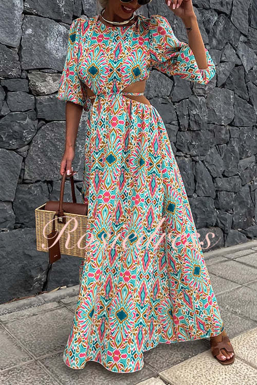 Maxikleid Damen Puffärmel Rückenfrei Bedruckt Baumwolle Polyester-5
