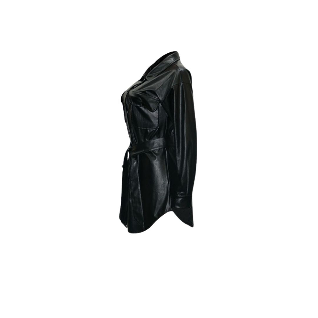 Damen Hemdblusenkleid Synthetikleder mit Gürtel Elegantes Design-4