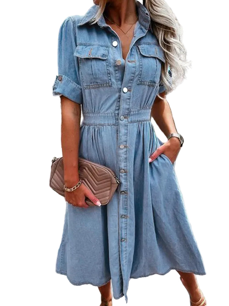 A-Linien-Damenkleid aus Denim mit langen Ärmeln, 100 % Baumwolle-1