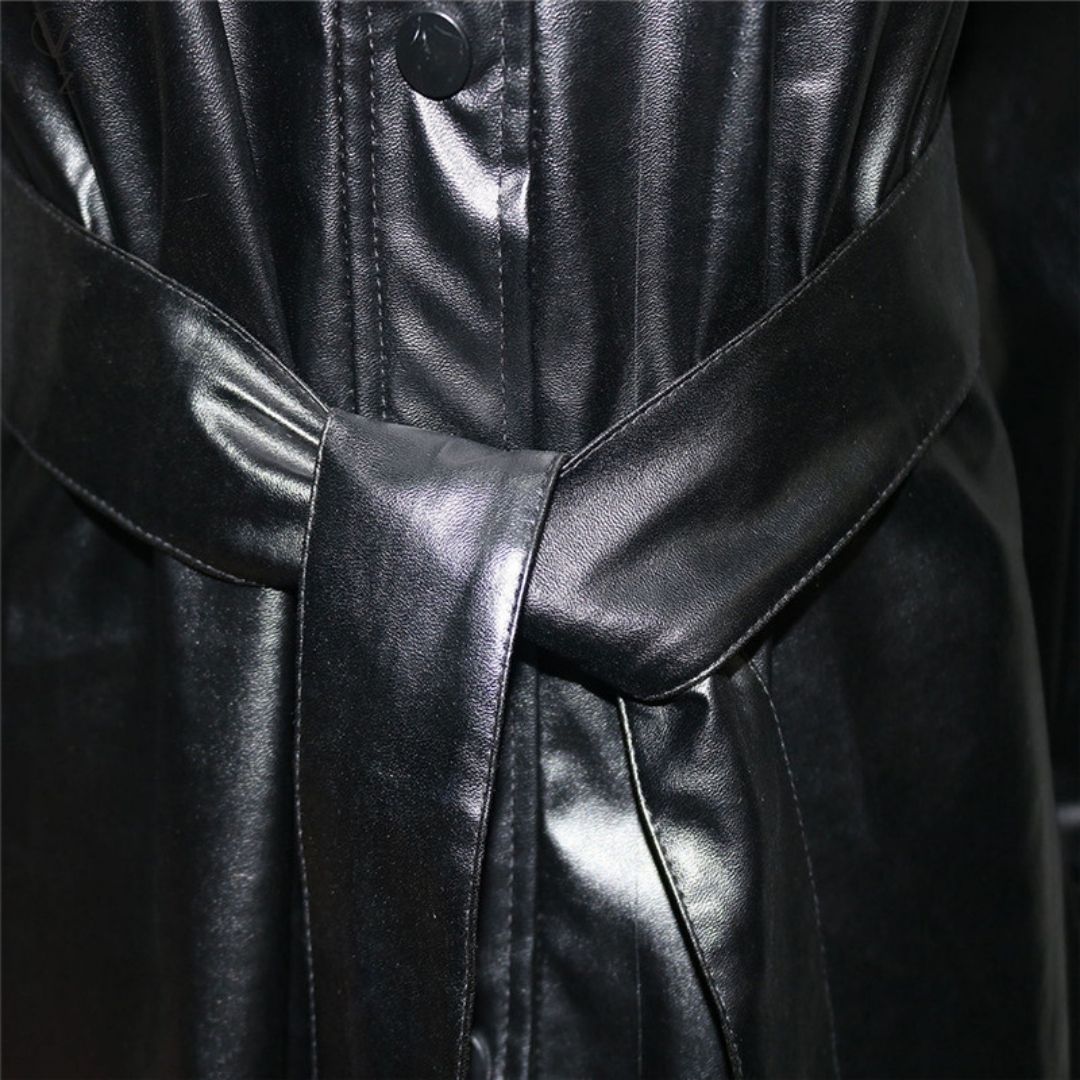 Damen Hemdblusenkleid Synthetikleder mit Gürtel Elegantes Design-6