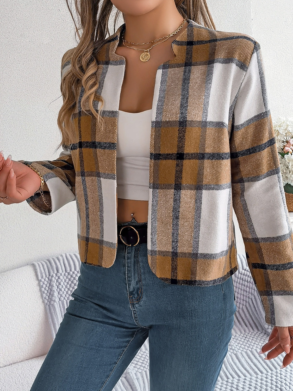 Damen-Jacke, Karo, offene Front, nachhaltige Stoffmischung-4